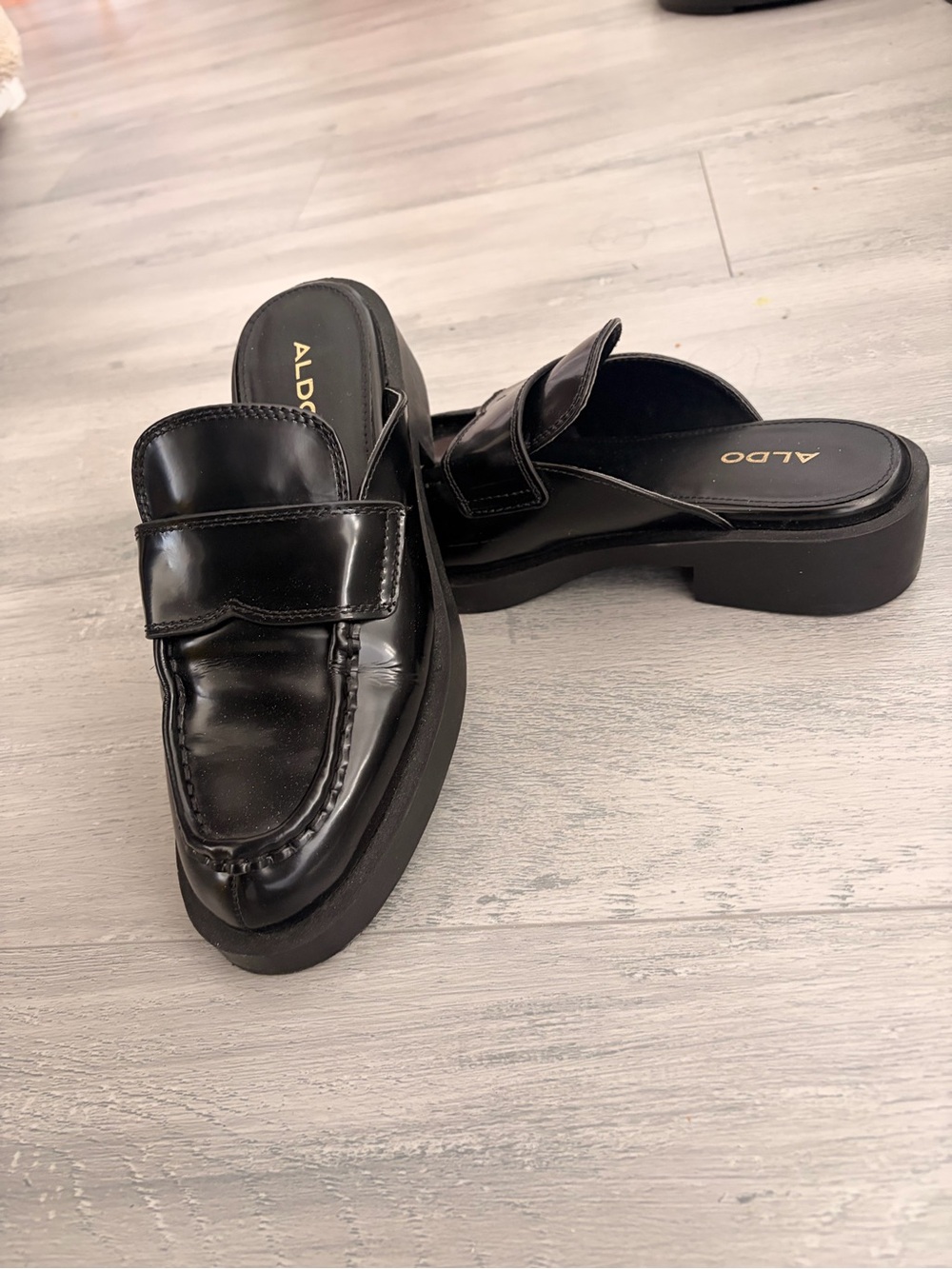 Aldo Black Patent Leather Platform Mules